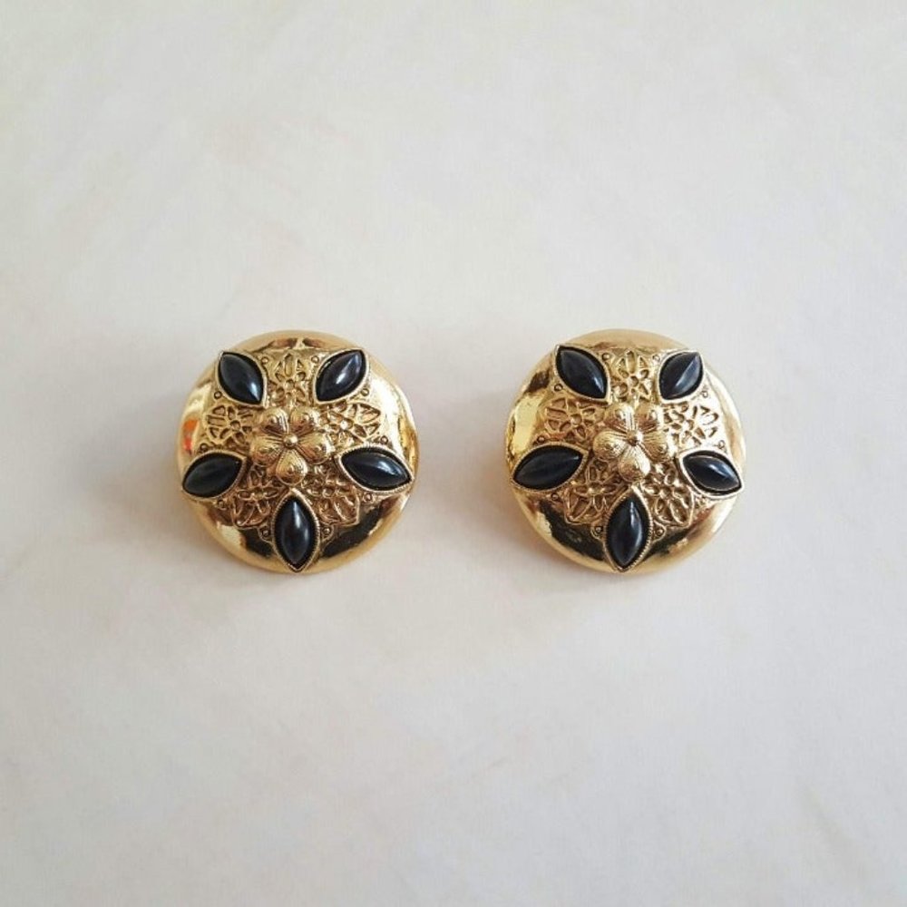 Vintage Gold Tone Black Flower Clip Ons